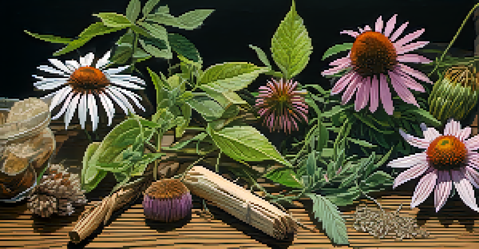 A close-up of medicinal plants like echinacea and sage on a wooden table, showcasing their textures and colors.