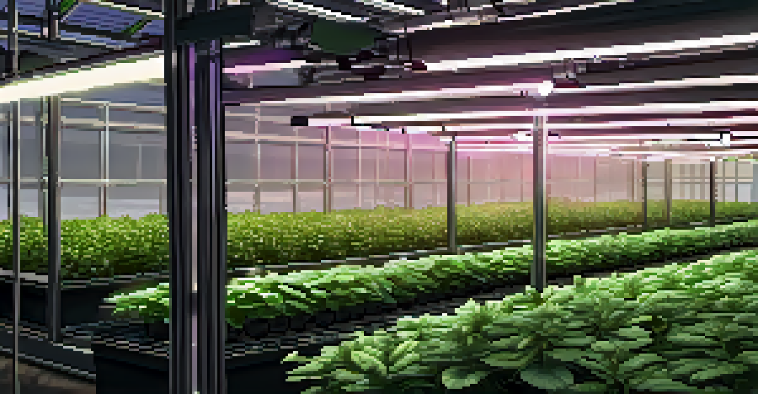 A side view of an LED grow light system in a greenhouse, showing adjustable settings and plants underneath the lighting.