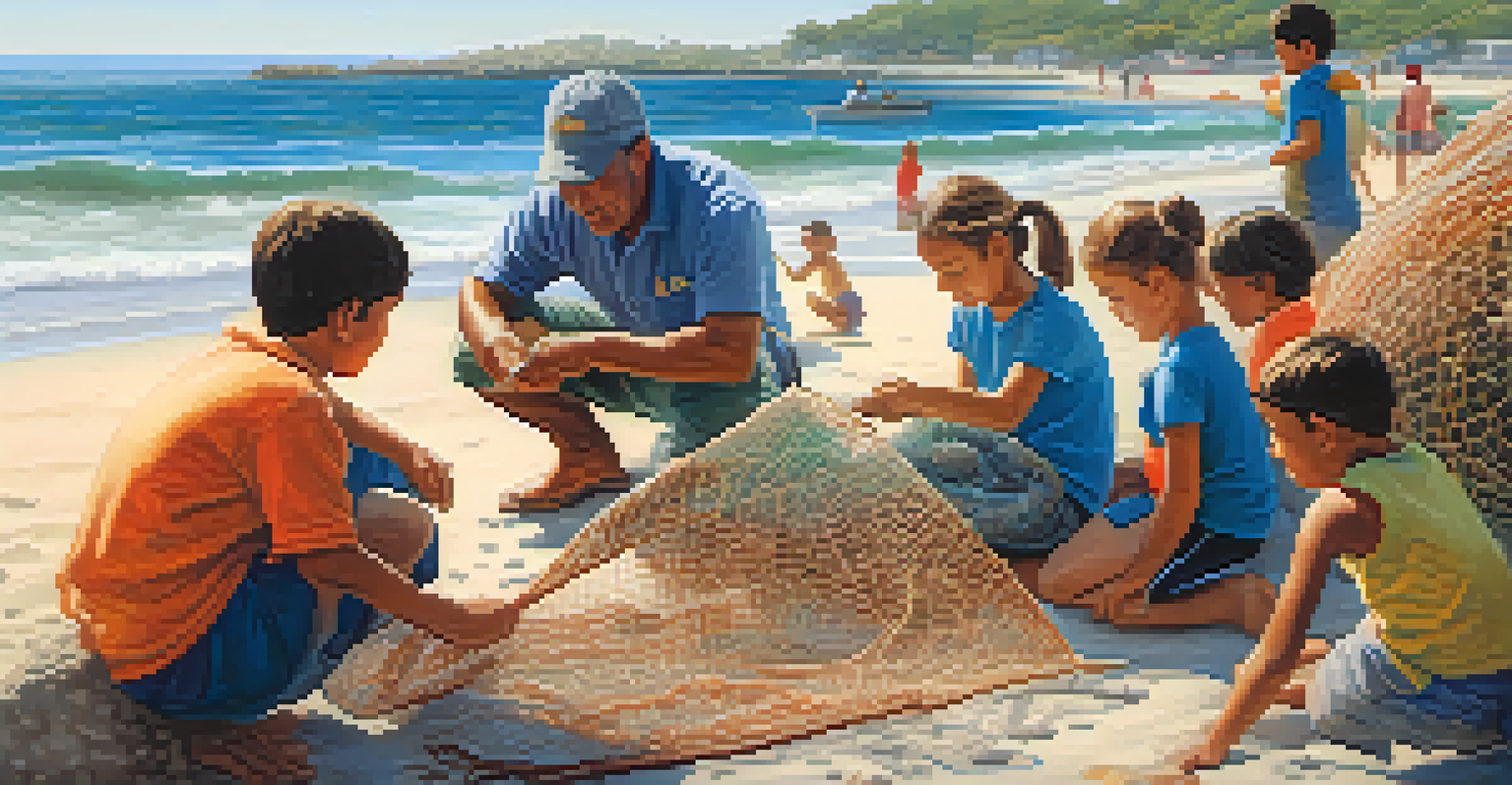A local fisherman repairing his net on a beach with children learning about marine conservation in the background.