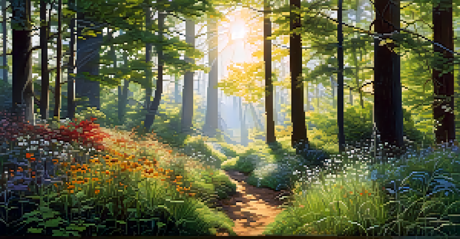A lush forest with diverse trees and wildflowers, sunlight shining through the leaves, creating a lively ecosystem.