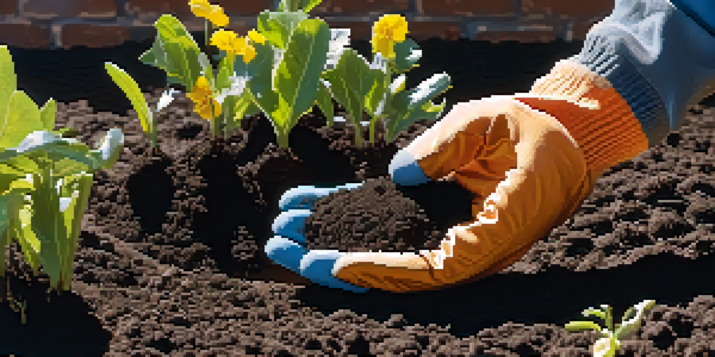A gardener's hands in insulated gloves planting seeds in dark soil with snow-covered garden beds in the background under a clear blue sky.
