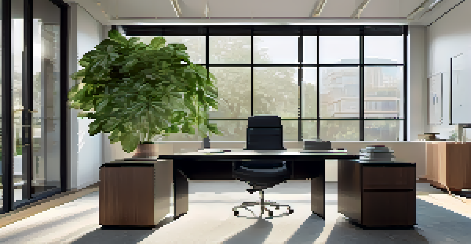 A spacious office workspace with a large leafy plant on a modern desk, bathed in soft sunlight.