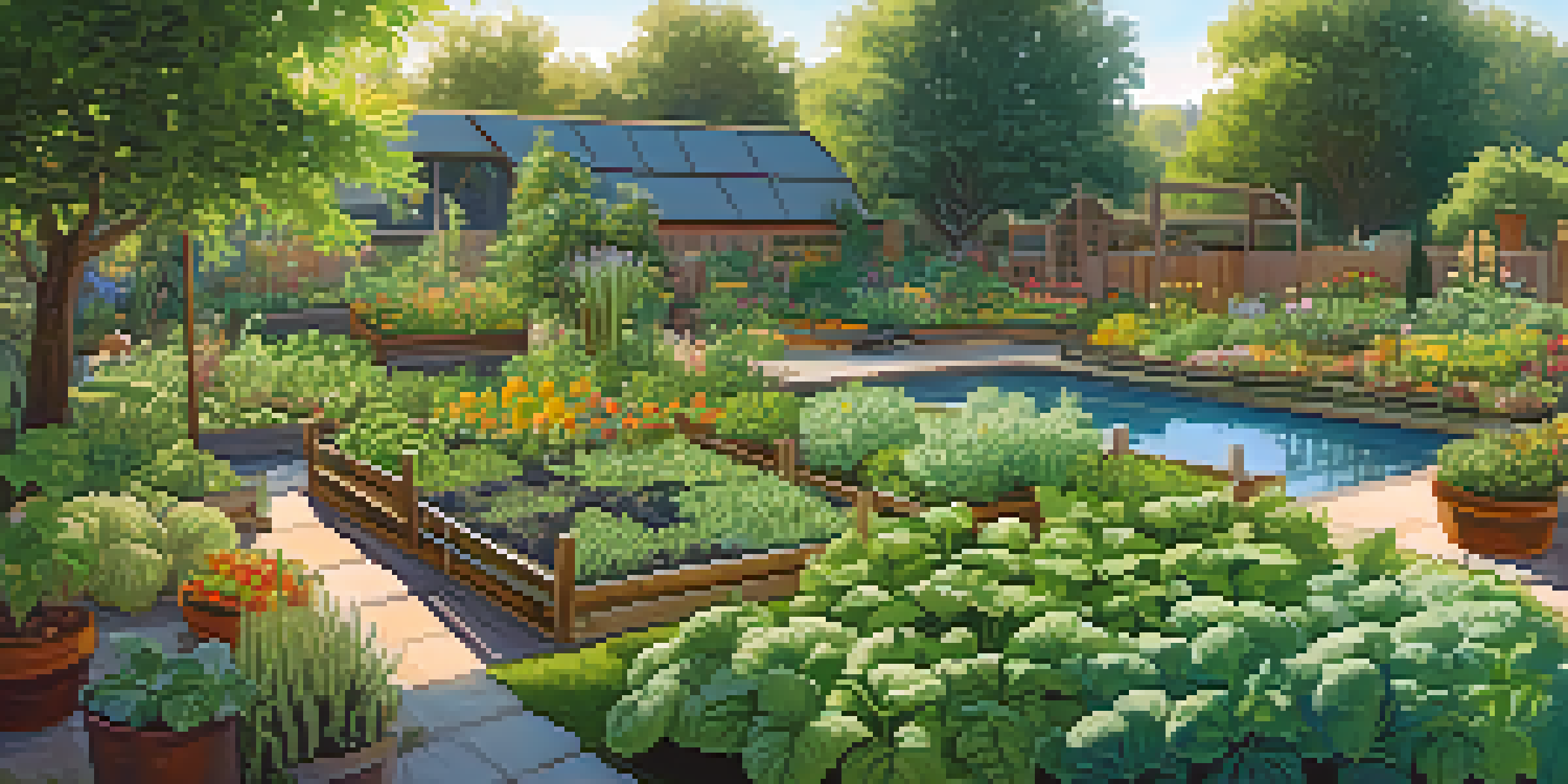 A colorful permaculture garden with raised beds of vegetables, herbs, flowering plants, fruit trees, and a pond under a clear blue sky.