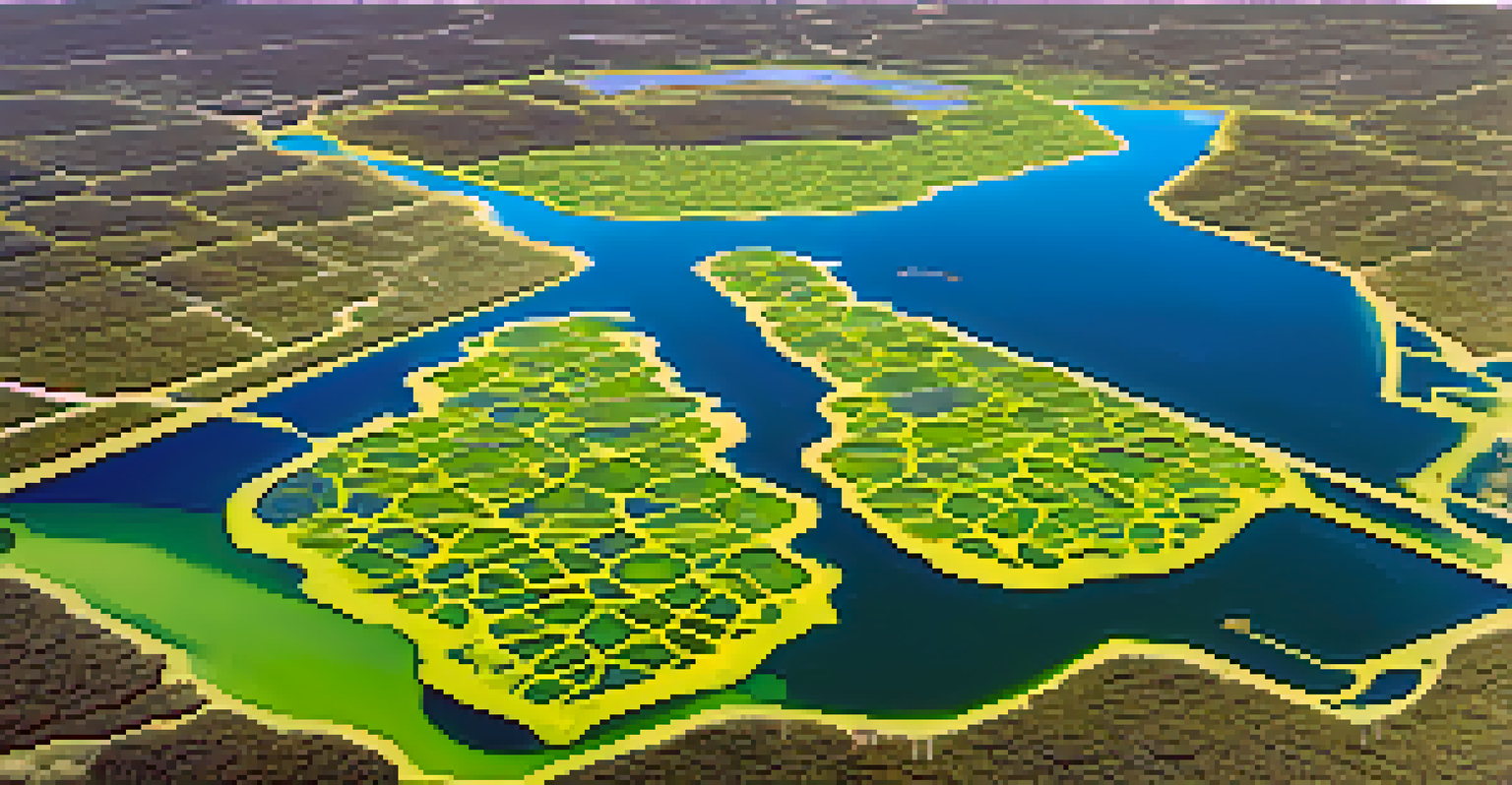 An aerial view of an algae cultivation pond with vibrant green algae against blue water, showing geometric patterns.
