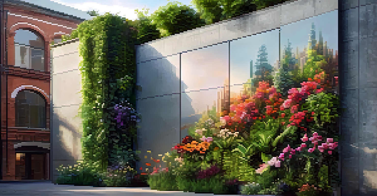A modern vertical garden on a concrete wall in an urban environment, illuminated by warm evening light.