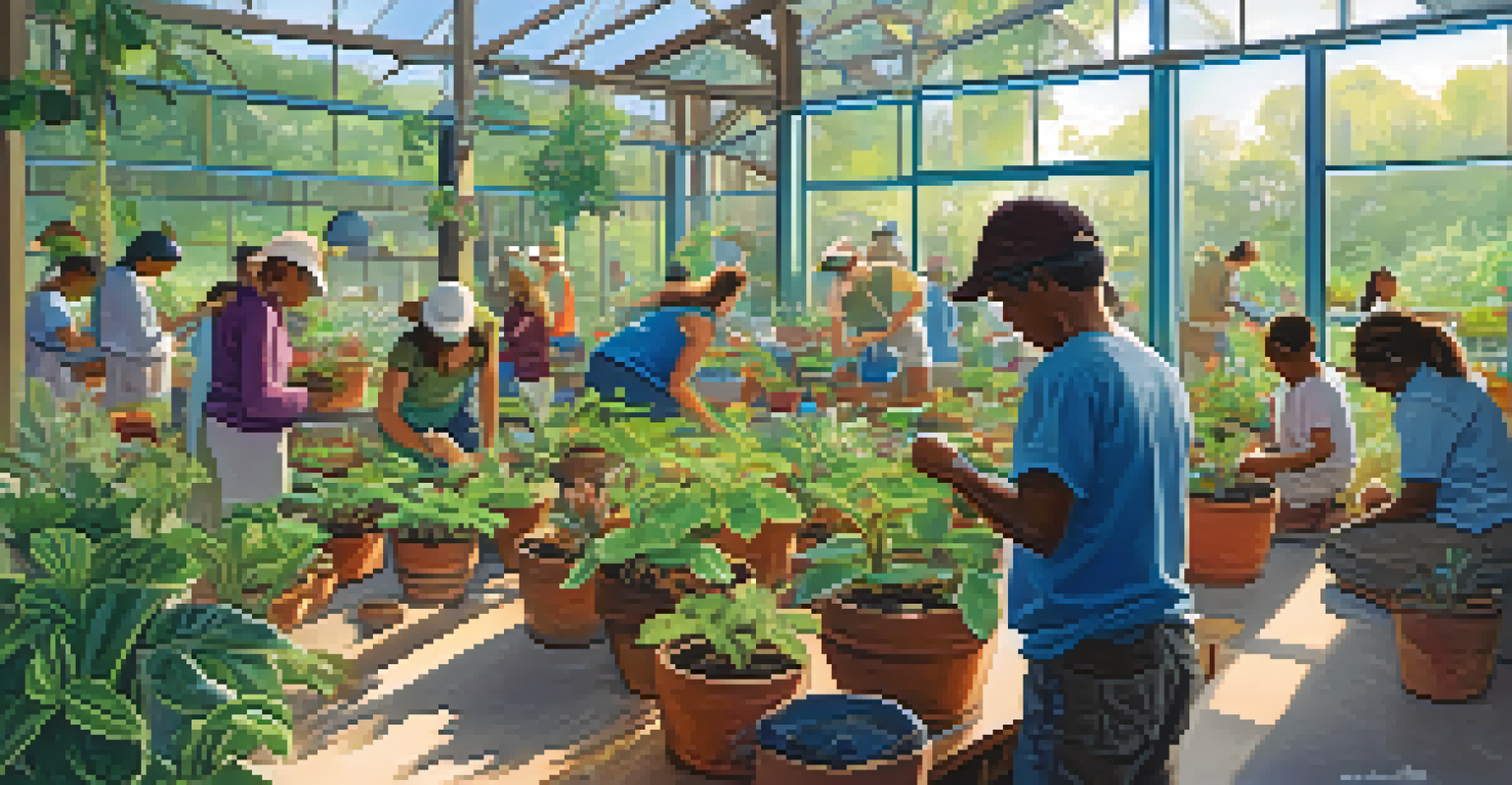 A vibrant community nursery where volunteers pot endangered plants, showcasing teamwork and conservation efforts.