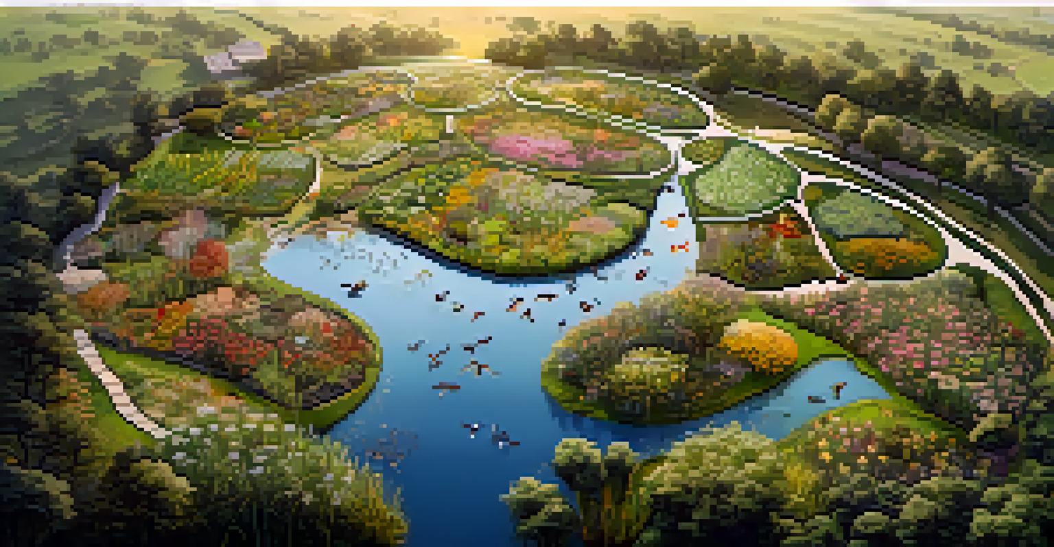 An aerial view of a permaculture landscape with swales, a pond, diverse plants, and birds flying overhead in sunlight.