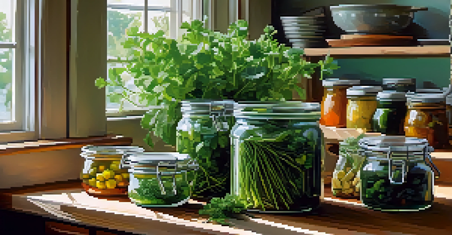 A kitchen counter filled with freshly foraged herbs and jars, showcasing the preparation for preserving wild plants.