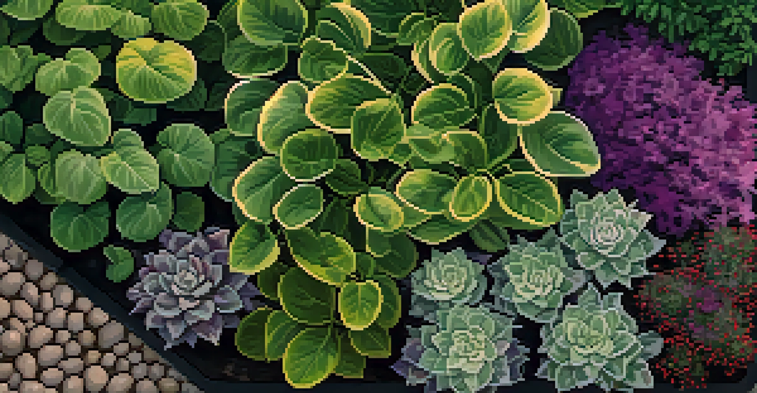 An overhead view of a garden bed with plants showing signs of phosphorus deficiency, featuring dark green and purplish leaves against rich soil.