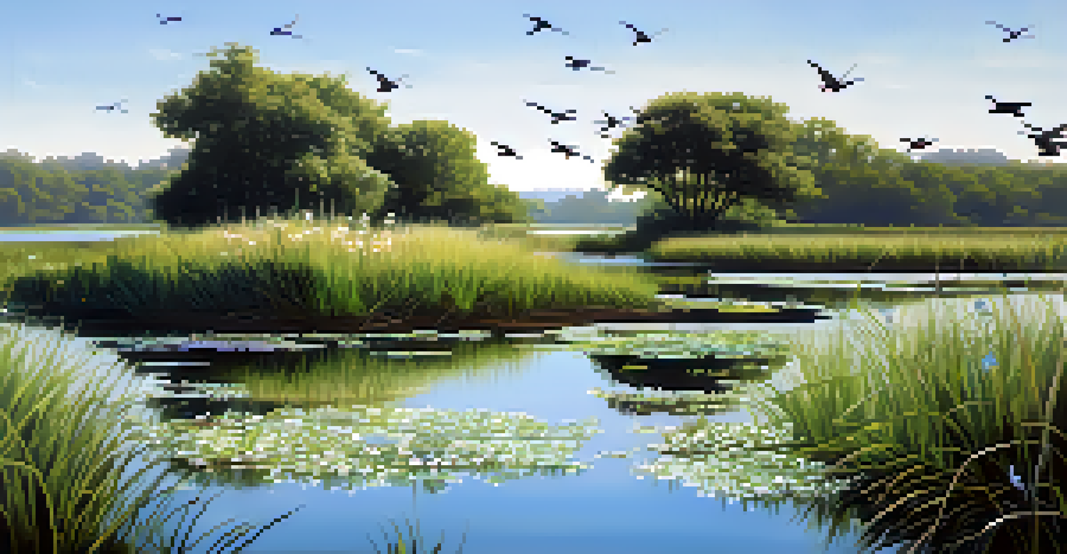 A peaceful wetland restoration area with indigenous plants and a reflective water surface under a clear blue sky.