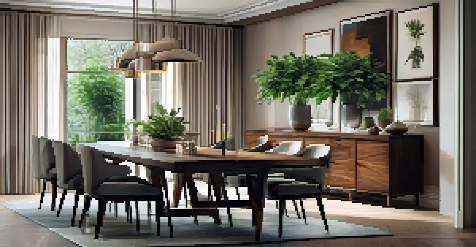 An elegant dining area with tall plants creating a natural divider and warm lighting.