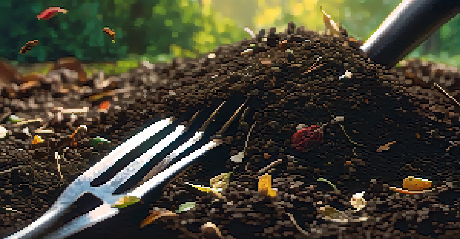 Close-up of rich compost being mixed into dark soil with a garden fork, illuminated by soft sunlight.