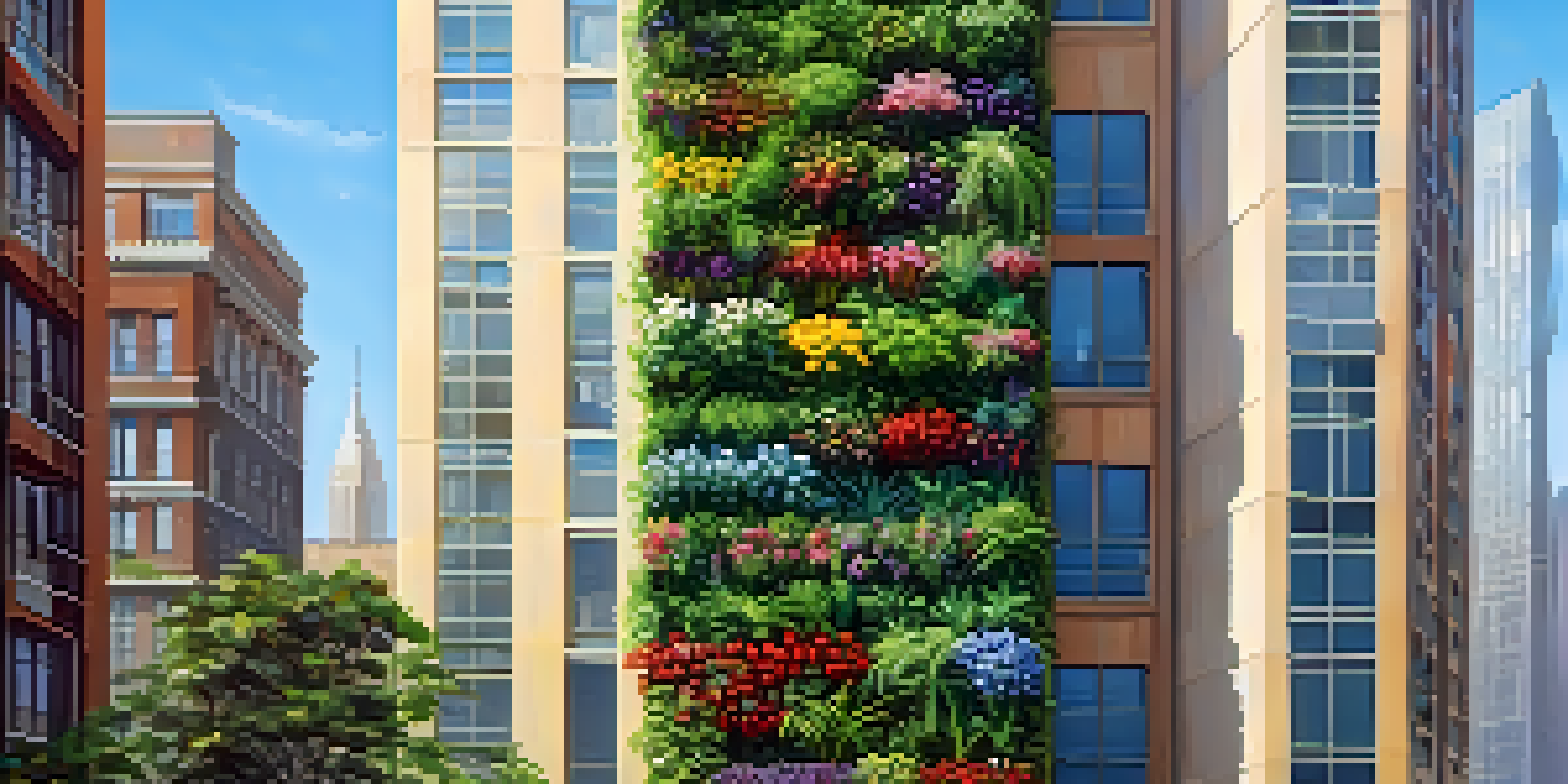 A vertical garden filled with green plants and colorful flowers on a modern building, illuminated by sunlight against a blue sky.