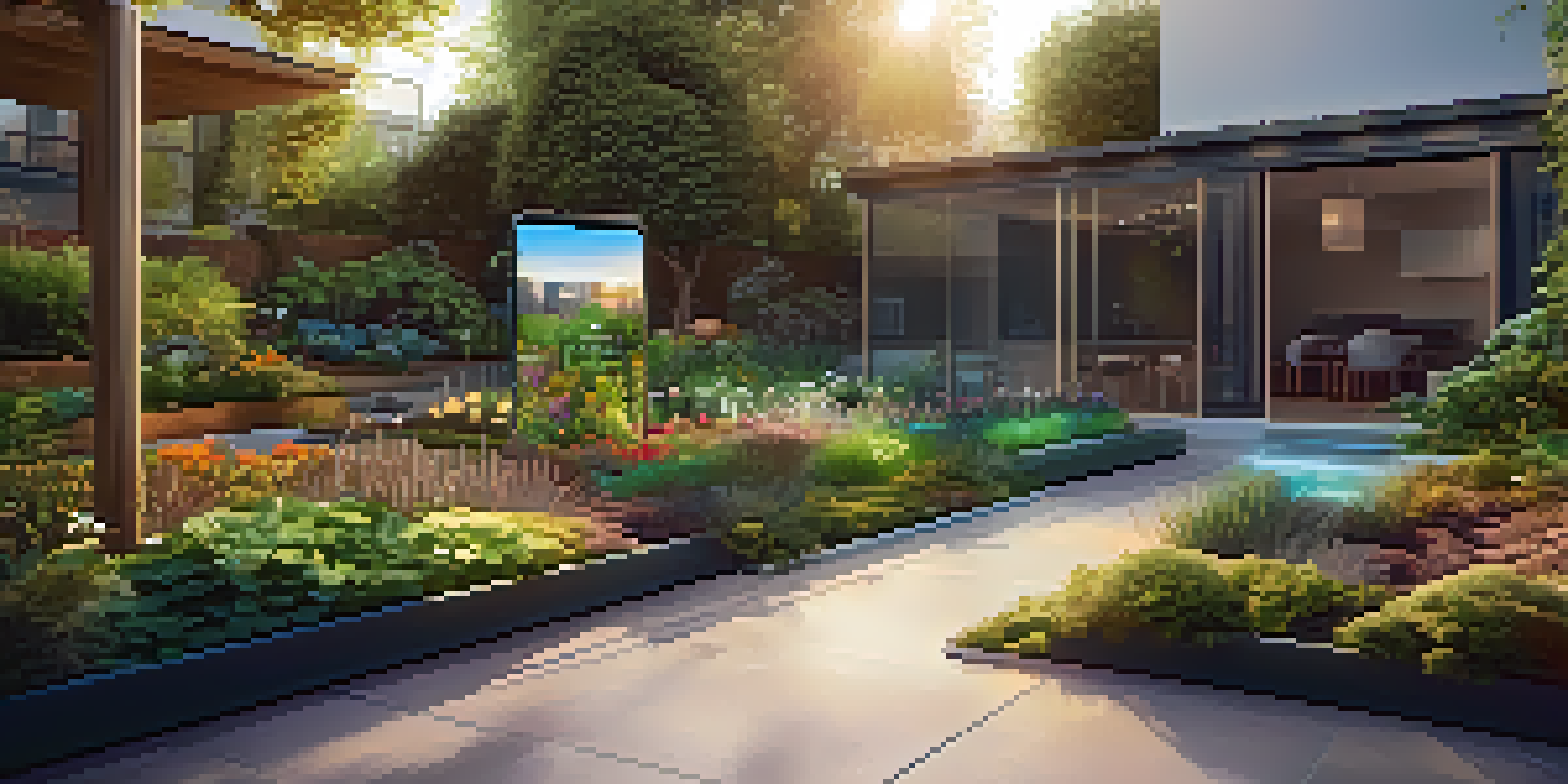 A vibrant urban garden with colorful plants and smart sensors, illuminated by warm sunlight, alongside a smartphone showing garden data.