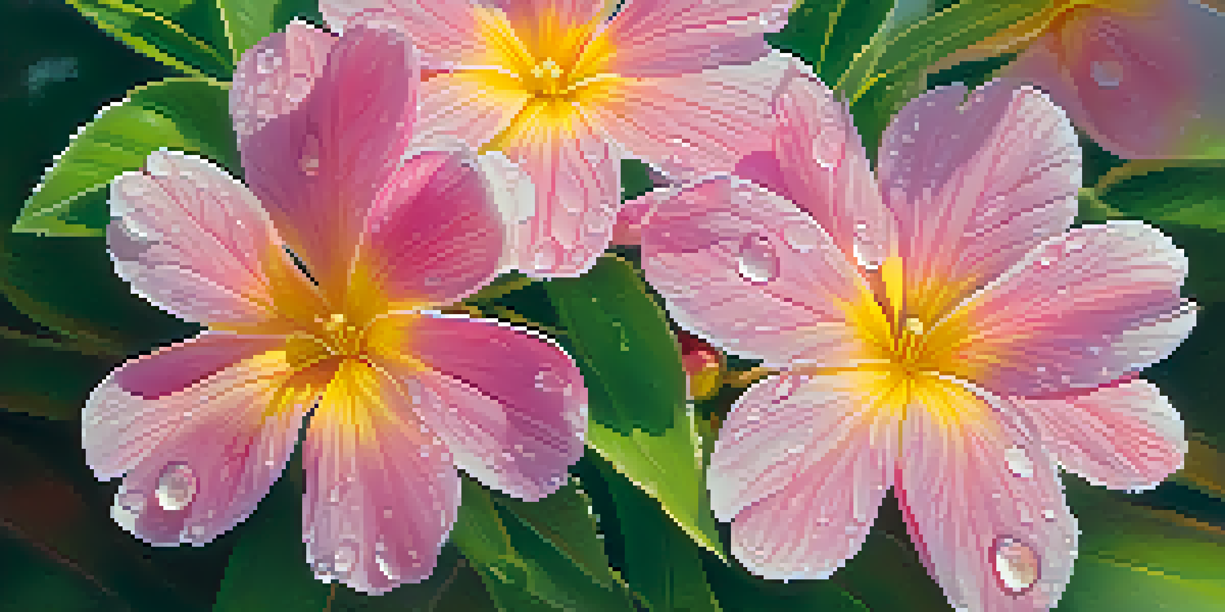 A close-up view of a blooming flower with pink and yellow petals, surrounded by green leaves and illuminated by sunlight.