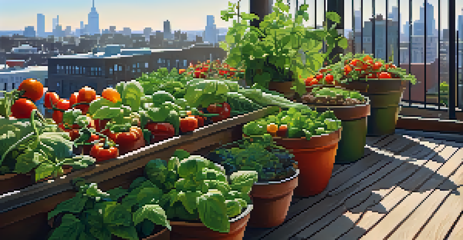 A balcony garden with pots of cherry tomatoes, peppers, and cucumbers, set against a city skyline.