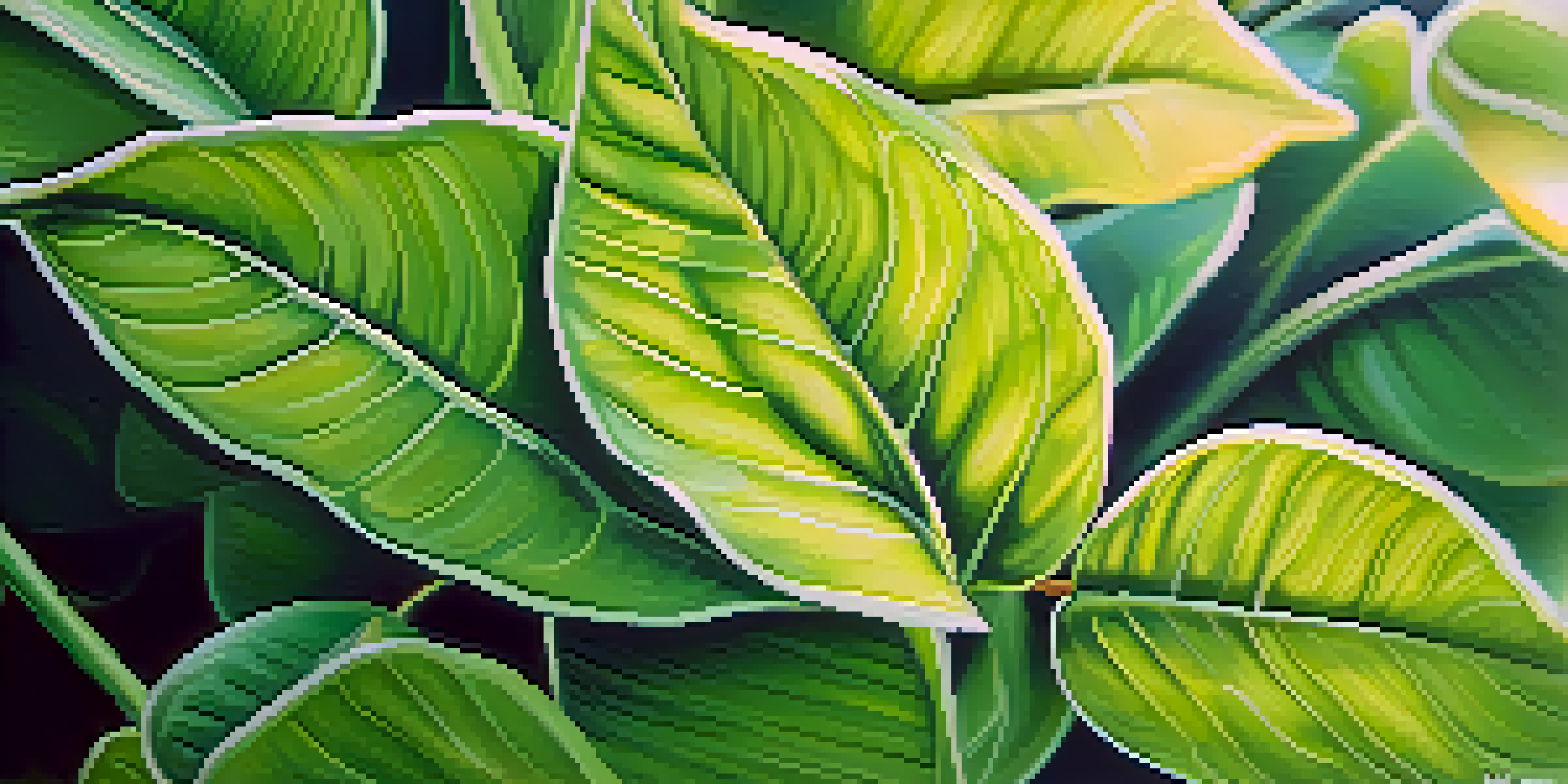 A close-up view of green leaves on a healthy plant, with sunlight filtering through them, highlighting their texture and details.