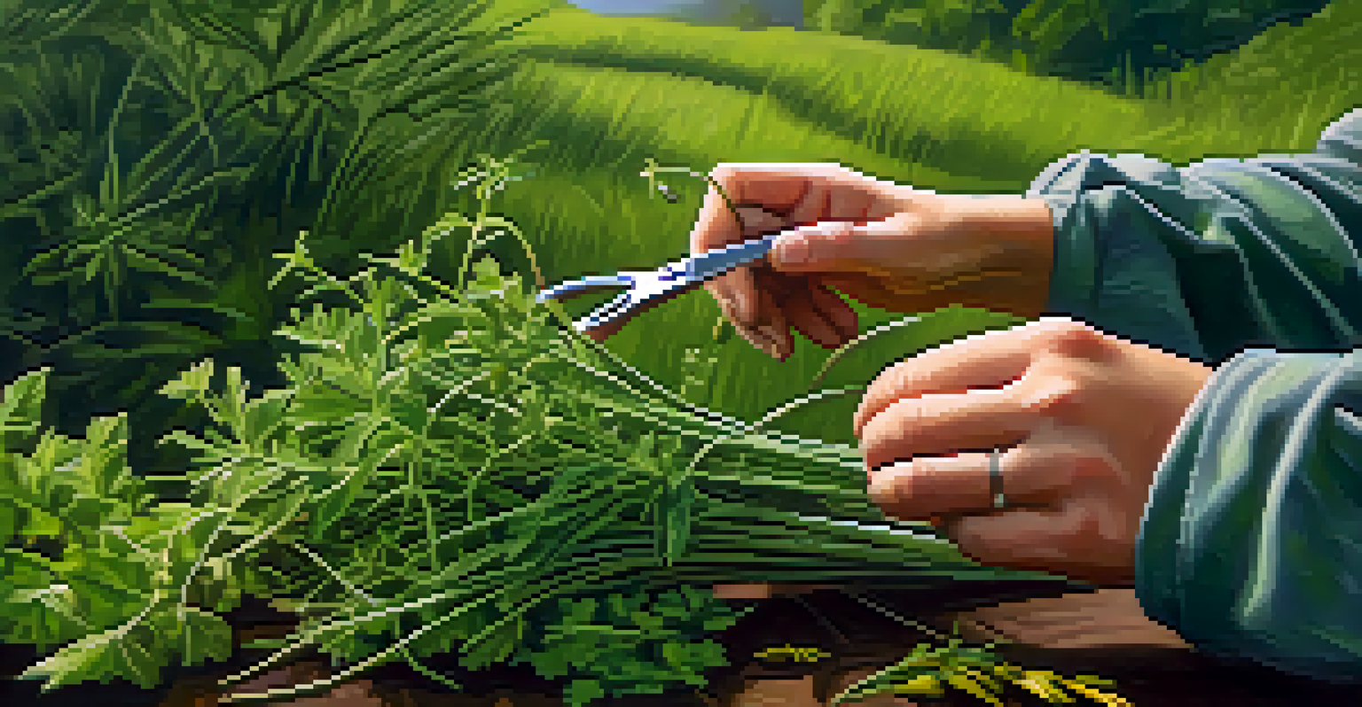 A close-up of hands using scissors to harvest wild herbs in a green setting.