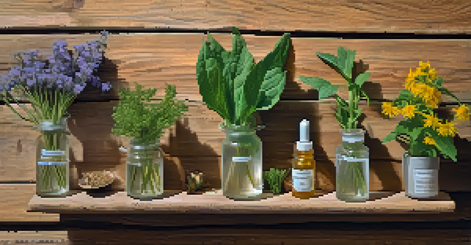 A close-up view of herbal plants used in homeopathy, displayed on a wooden table with labels.