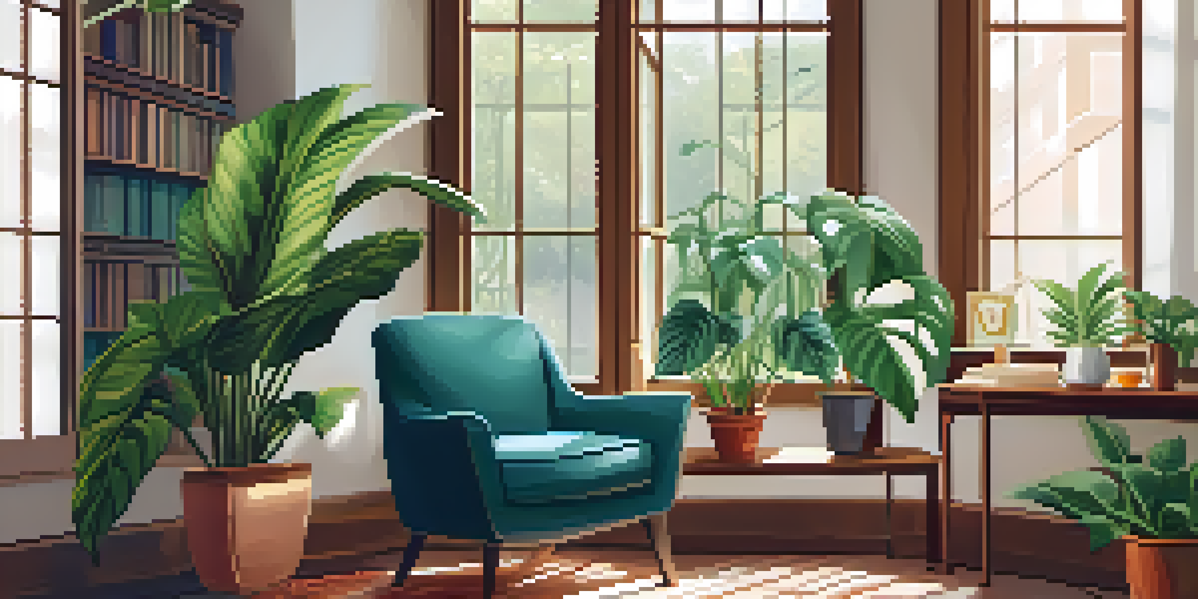 A warm and inviting indoor space decorated with various vibrant plants and a cozy armchair, with natural light streaming in through a window.