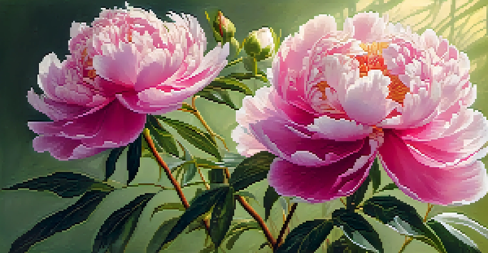 A detailed illustration of a blooming peony with green leaves, highlighting the textures and colors in bright sunlight.