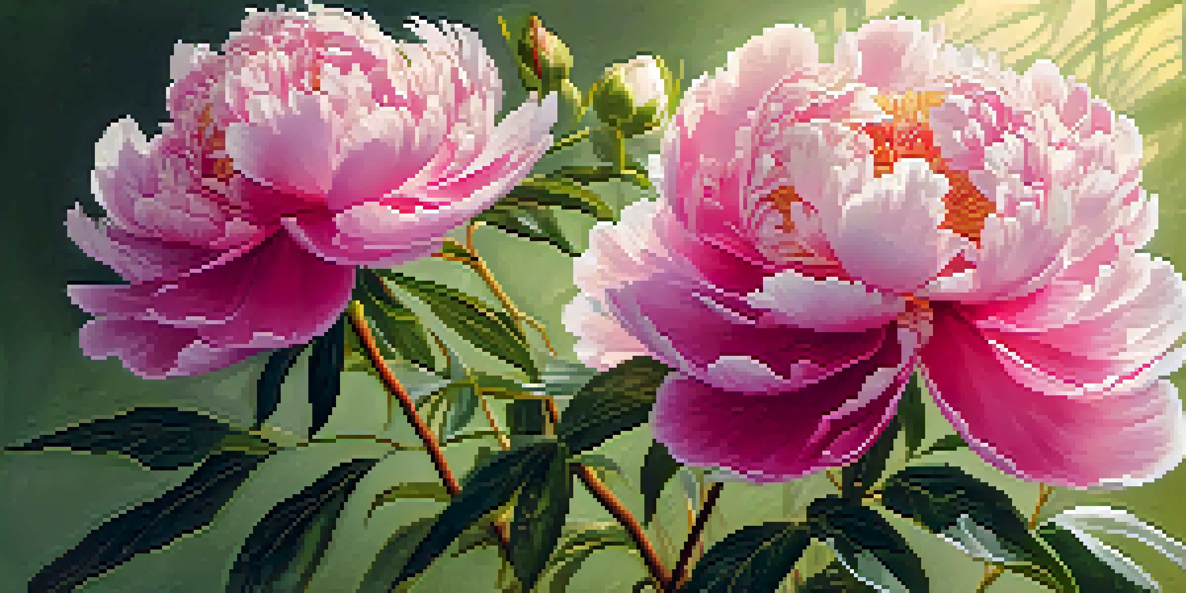 A detailed illustration of a blooming peony with green leaves, highlighting the textures and colors in bright sunlight.