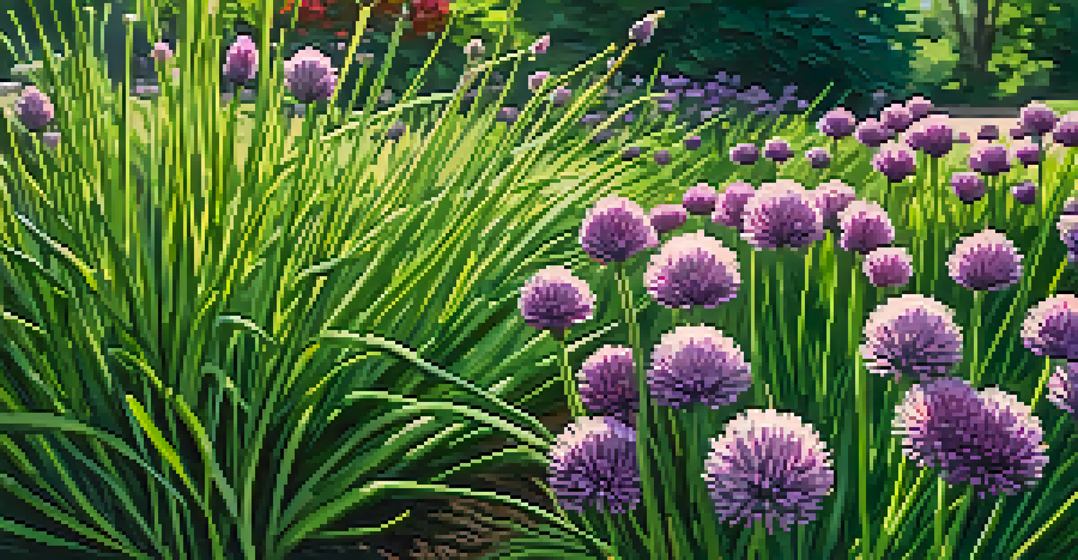 A garden with green chive plants growing in soil, surrounded by colorful flowers under bright sunlight.