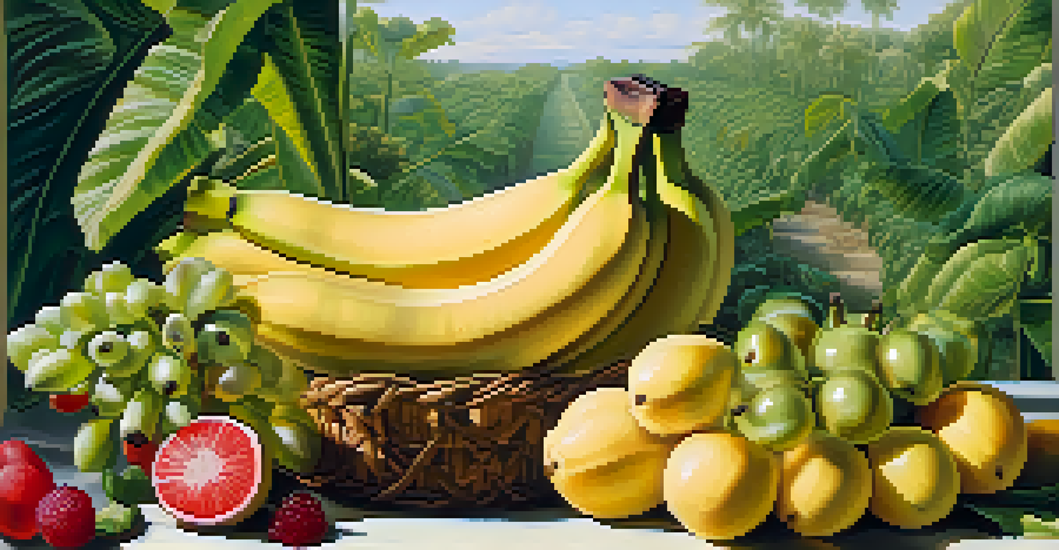A landscape with fruit-bearing plants, showing bananas changing from green to yellow under soft sunlight, illustrating the ripening process.