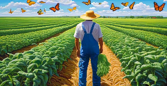 A farmer inspects a vibrant field of genetically modified crops under a clear blue sky, with butterflies fluttering around.