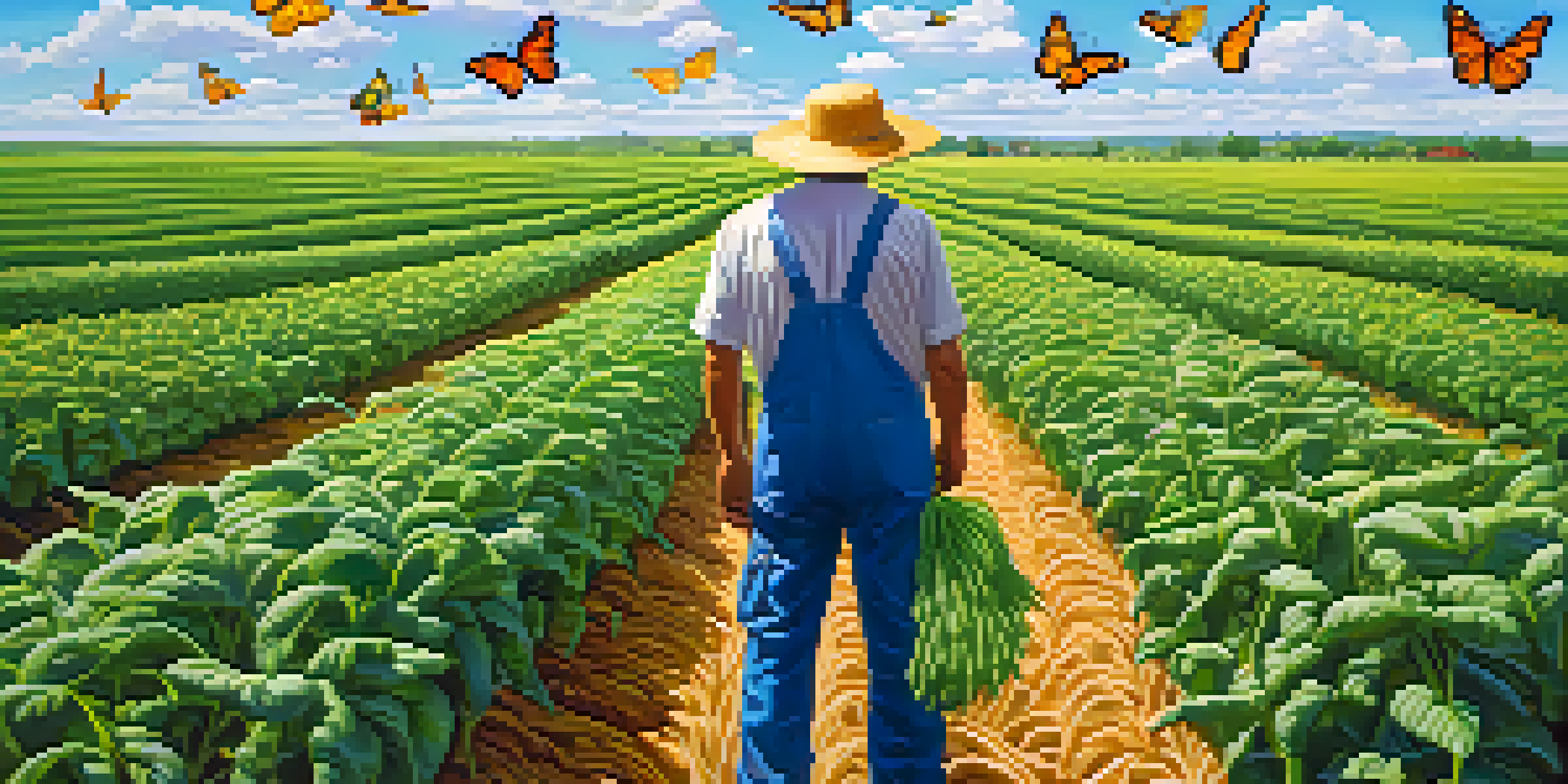 A farmer inspects a vibrant field of genetically modified crops under a clear blue sky, with butterflies fluttering around.