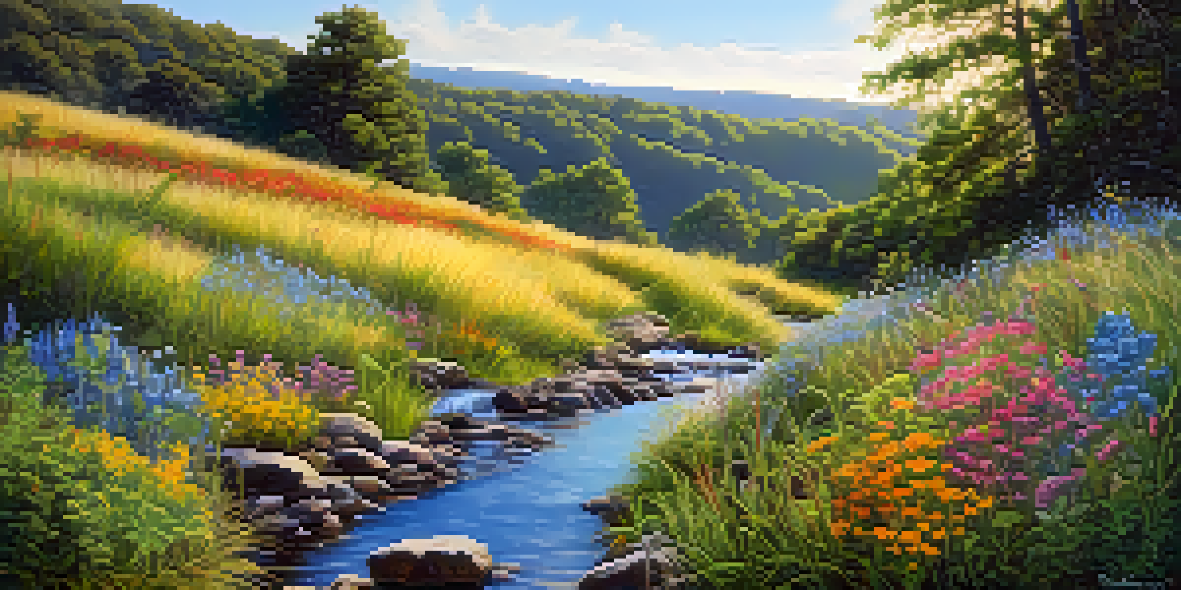 A beautiful landscape featuring various native plants on a slope, with sunlight shining through leaves and a stream flowing nearby.