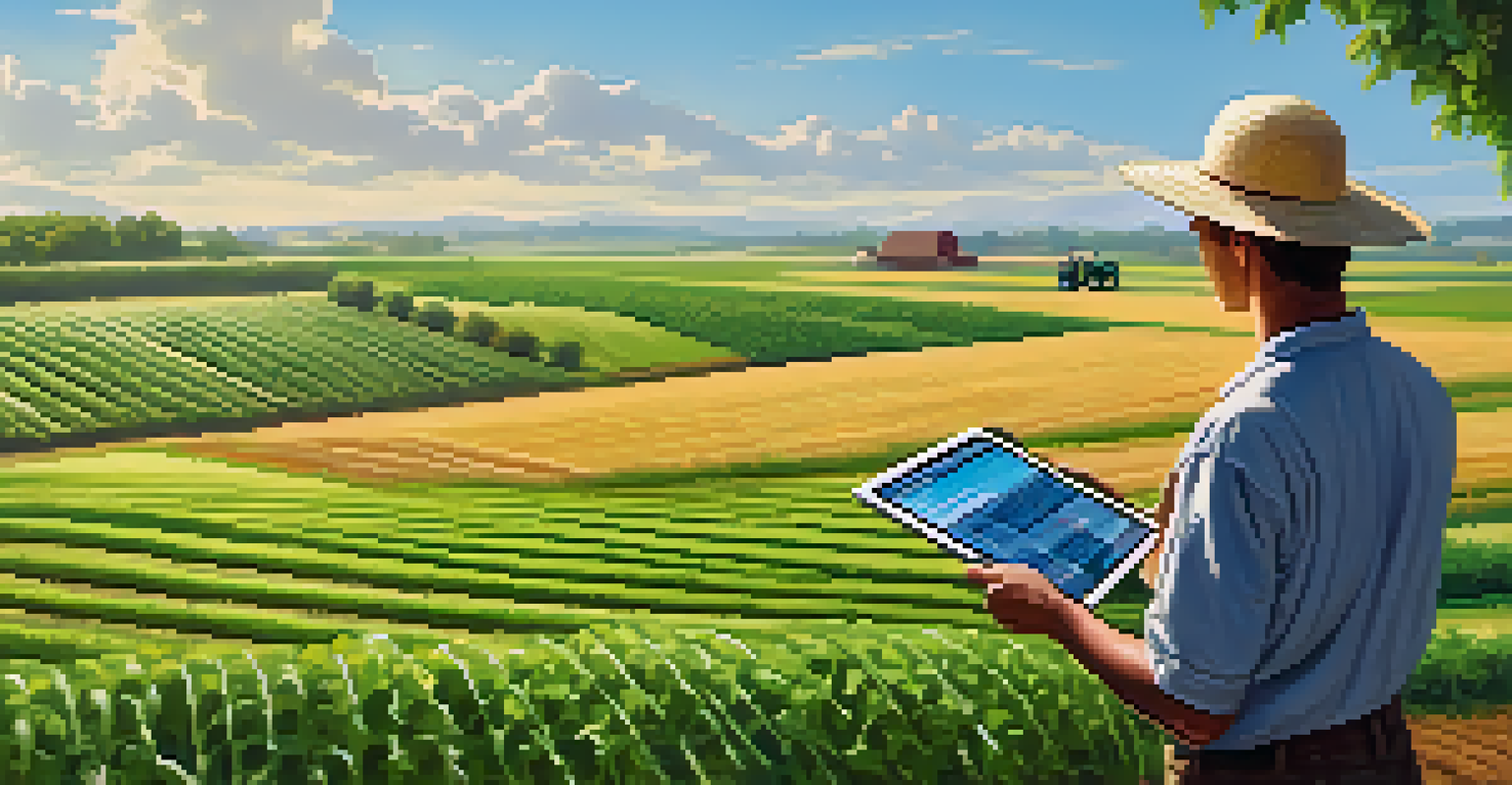 A farmer using technology in a green field, monitoring crops with a handheld device under a clear blue sky.