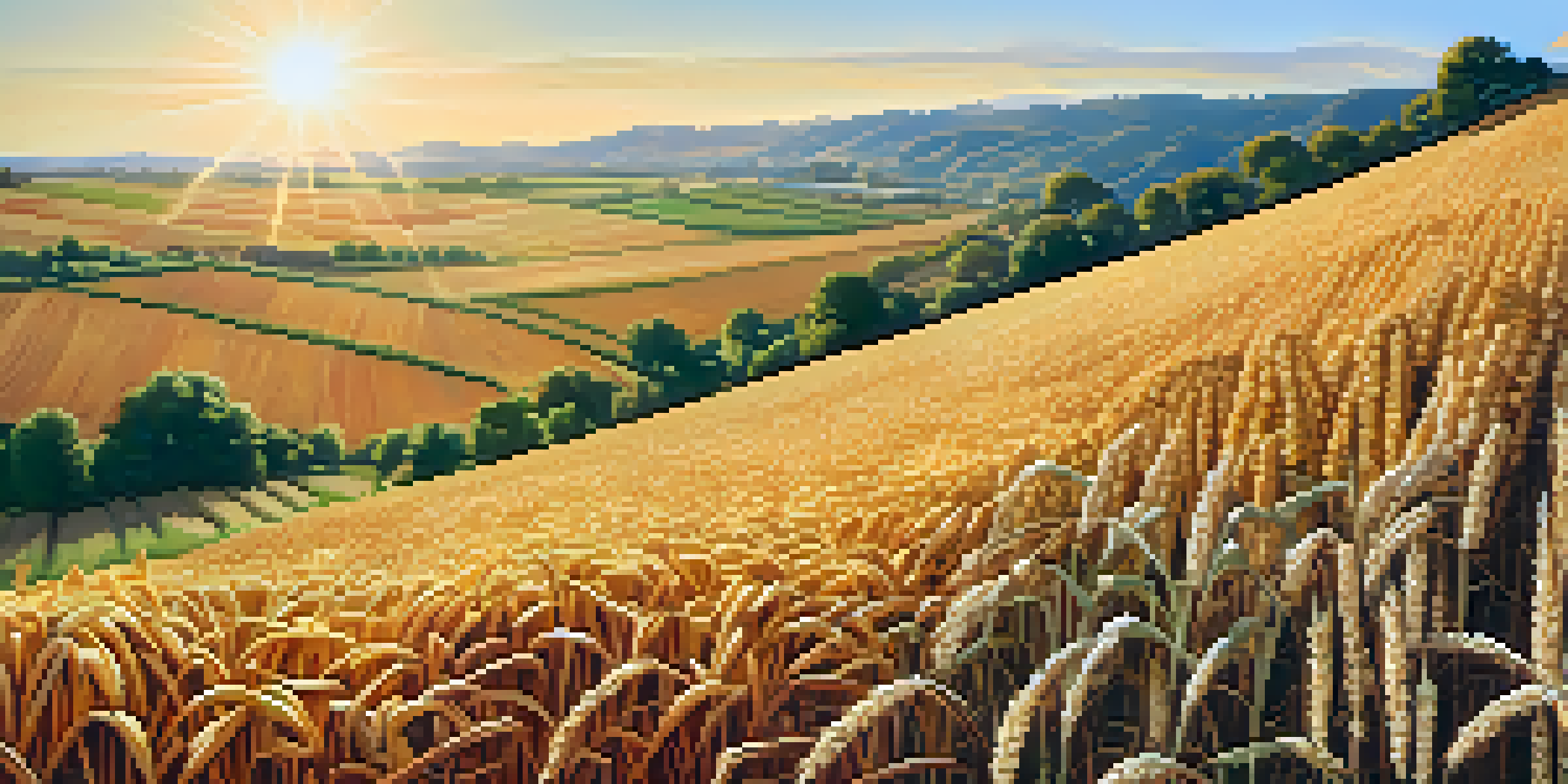 A field filled with various crops like wheat, corn, and vegetables under a clear sky, with hills in the background.