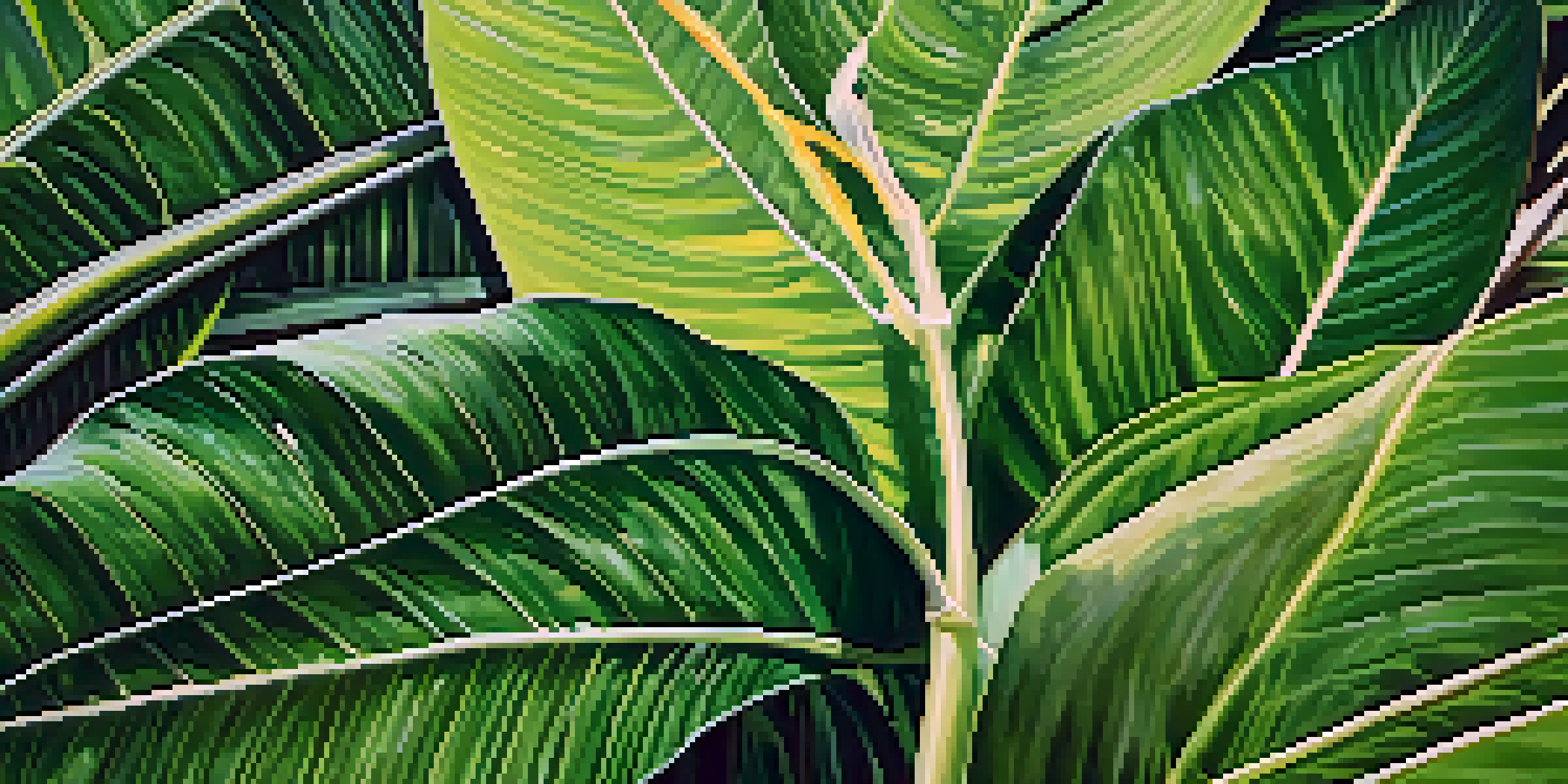 A close-up view of various leaf shapes, including broad tropical and needle-like desert leaves, with details of the veins and textures.
