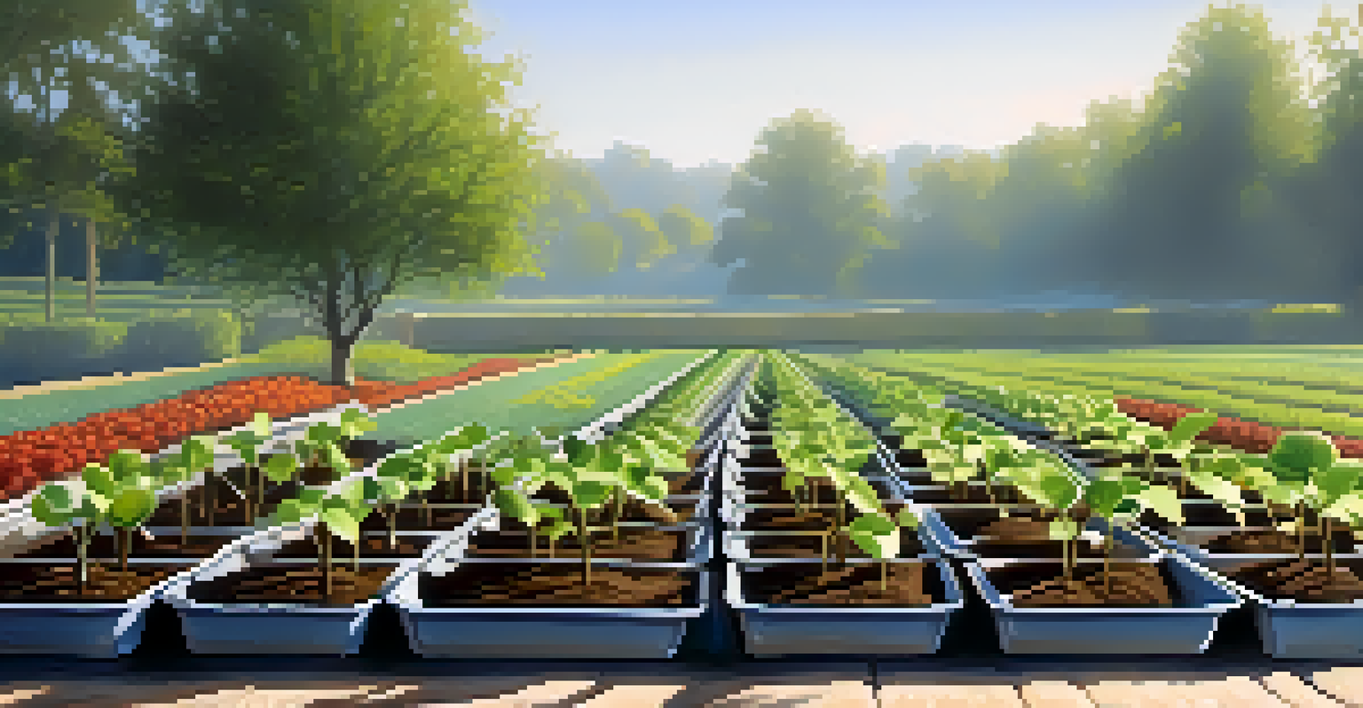 Seedlings sprouting in seed trays with morning light and a light mist of water.