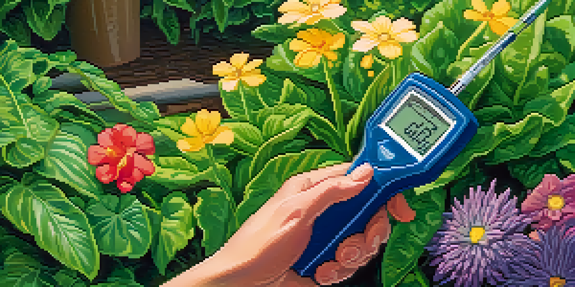 A gardener testing soil pH in a lush garden filled with green plants and colorful flowers, with sunlight filtering through the leaves.