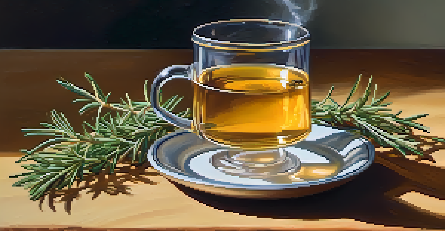 A cup of rosemary tea on a wooden table with fresh rosemary leaves and a honey jar, illuminated by natural light.