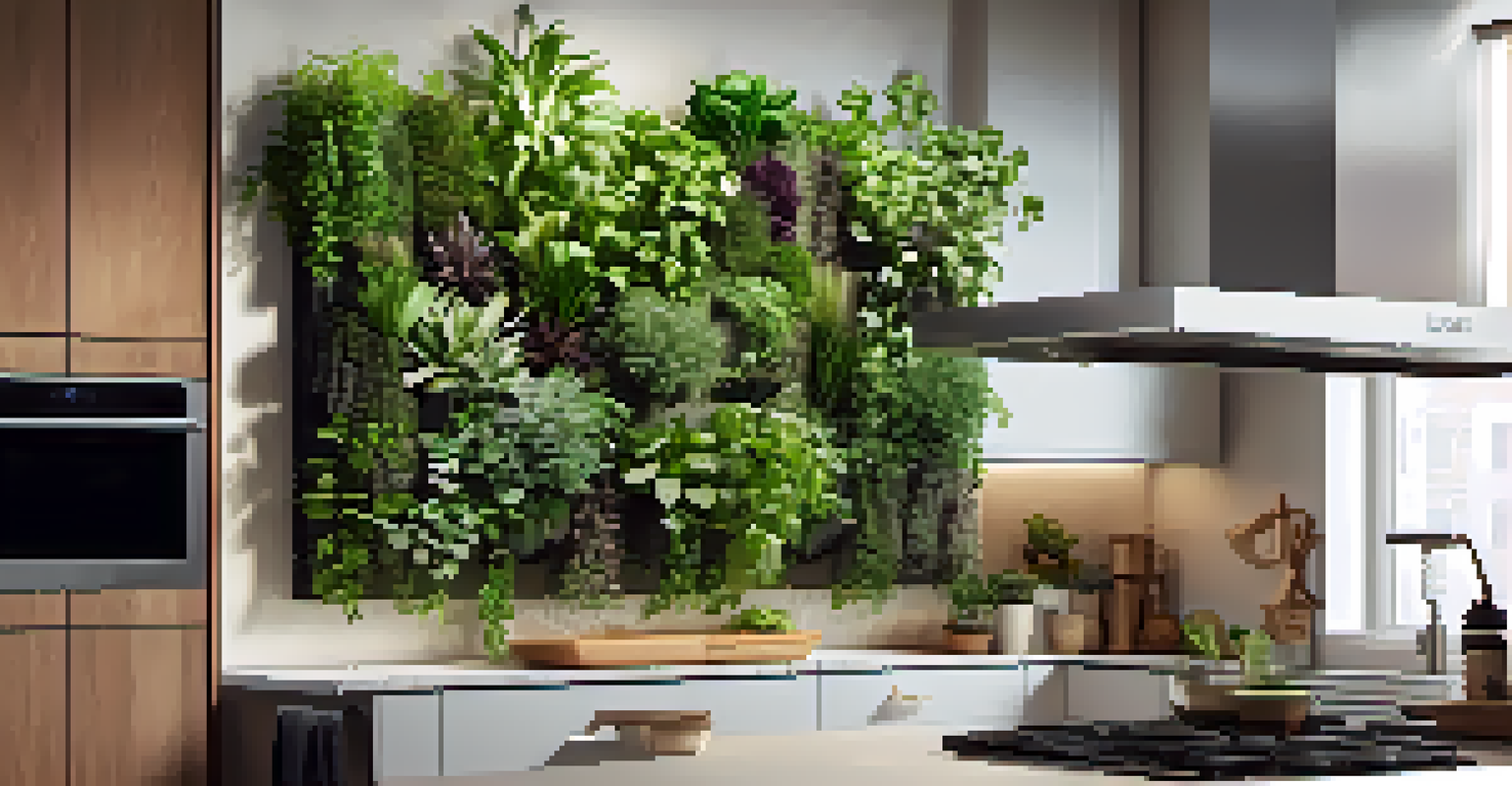 An indoor vertical garden with wall planters filled with herbs in a cozy kitchen setting.