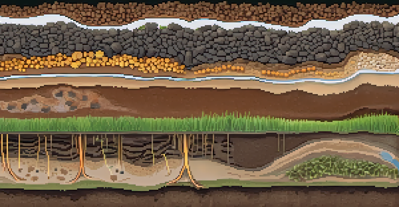 A cross-section of soil displaying layers with roots, fungi, and organic matter, annotated with labels for educational purposes.