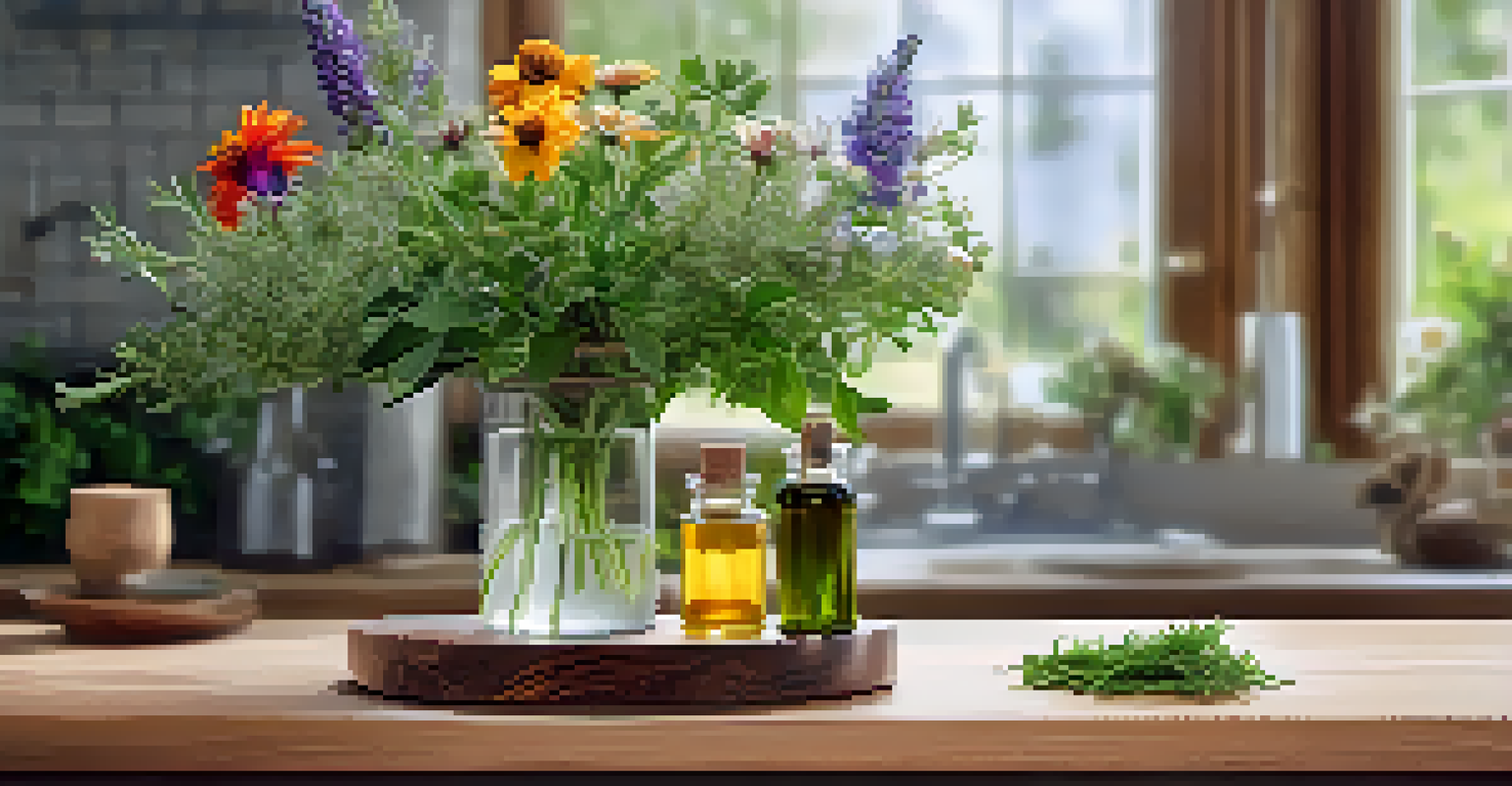 A colorful glass bottle of essential oils surrounded by herbs and flowers on a wooden countertop.