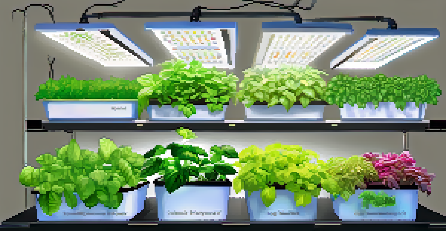 An organized display of various grow lights for hydroponics with healthy plants underneath each type.