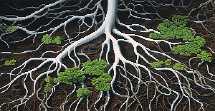 Close-up view of a mycorrhizal network showing plant roots intertwined with white mycelium in dark soil, illuminated by soft sunlight.