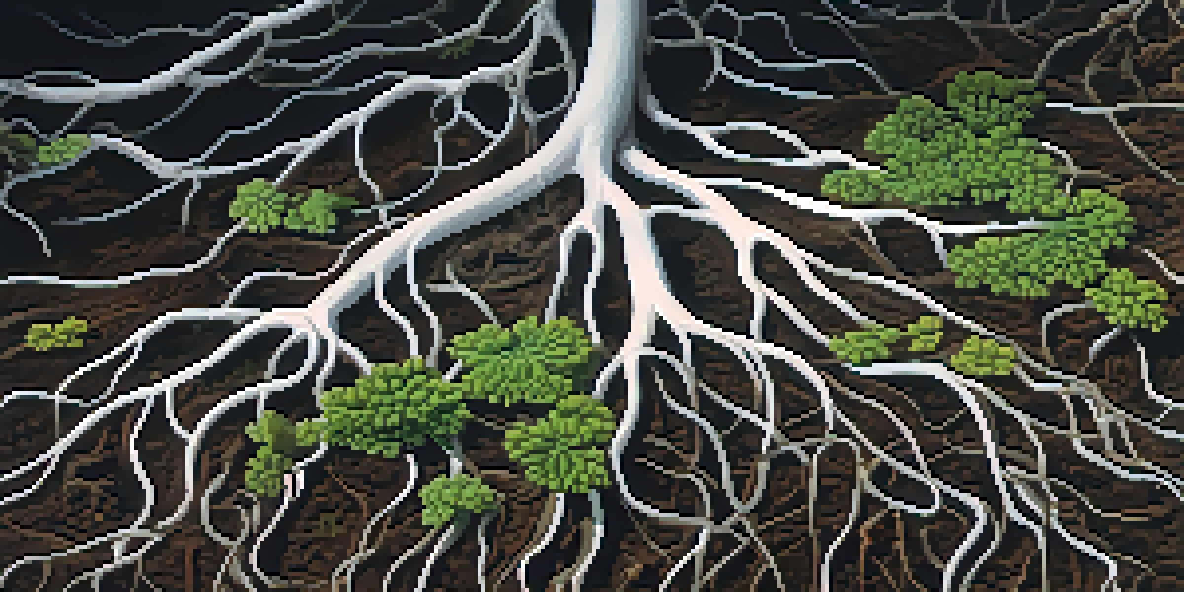 Close-up view of a mycorrhizal network showing plant roots intertwined with white mycelium in dark soil, illuminated by soft sunlight.