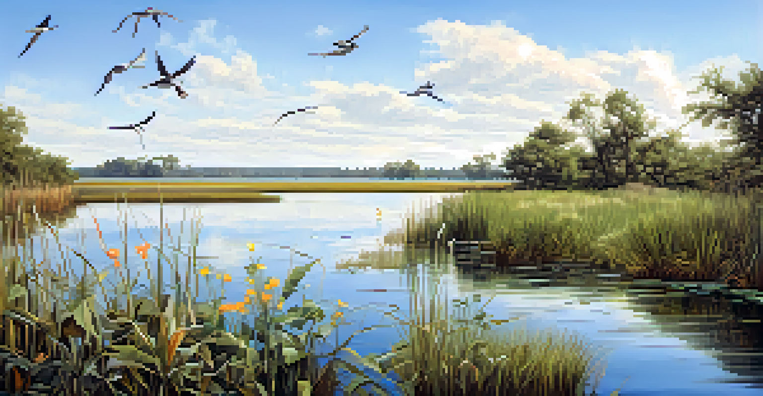 A vibrant wetland with diverse plants and wildlife, featuring calm water reflecting the blue sky.