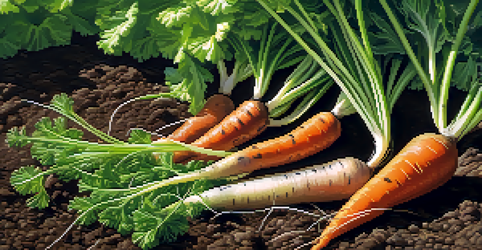 A close-up view of carrots and onions growing together in a garden, with sunlight filtering through their leaves and insects nearby.