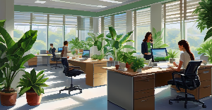 An office space with several indoor plants, creating a bright and inviting environment for employees.