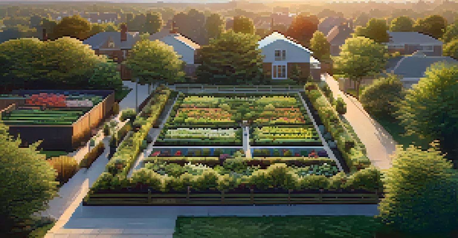 An aerial view of an edible landscape with fruit trees, berry bushes, and herbs, arranged with pathways and bathed in golden hour light.