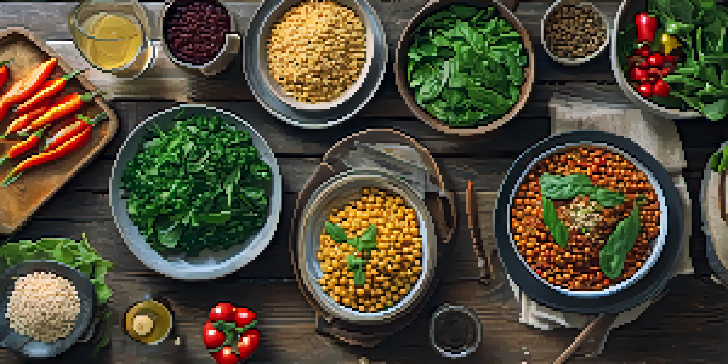 An overhead view of a colorful plant-based meal featuring grains and fresh vegetables on a wooden table.