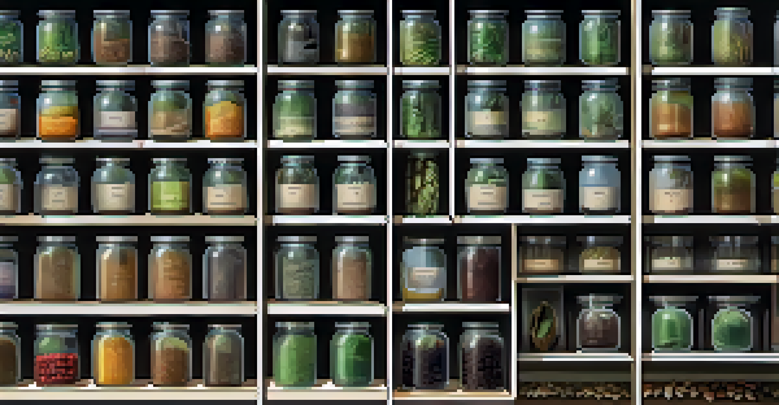 Close-up of a gene bank with jars of preserved plant seeds on shelves.