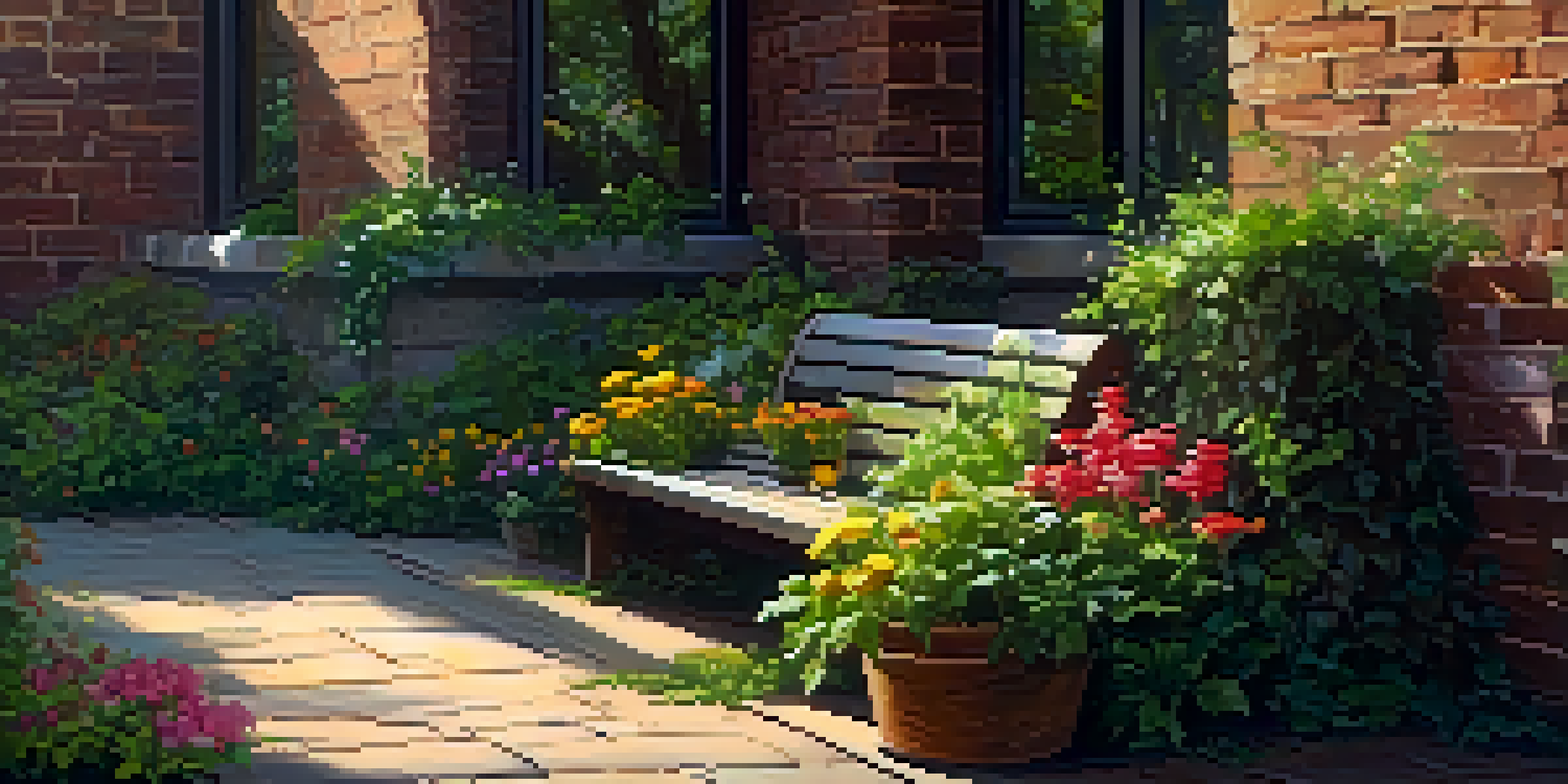 A vertical garden on a brick wall with colorful flowers and green leaves, sunlight creating shadows, and a wooden bench in front.
